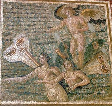 Eros-Cupid and Psychae | Greco-Roman mosaic from Daphne C3rd A.D. | Hatay Archaeology Museum, Antakya