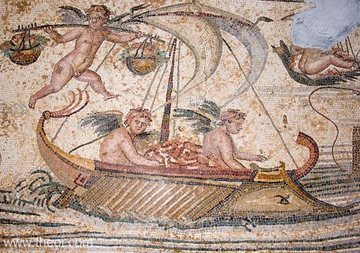 Erotes sailing boat | Greco-Roman mosaic A.D. | Red Castle Museum, Tripoli