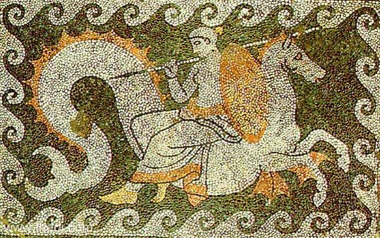 Nereid riding Hippocamp | Greek mosaic from Eretria C1st B.C. | Eretria House of the Mosaics