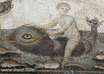 Palaemon riding dolphin | Greco-Roman mosaic C5th A.D. | Hatay Archeology Museum, Antakya
